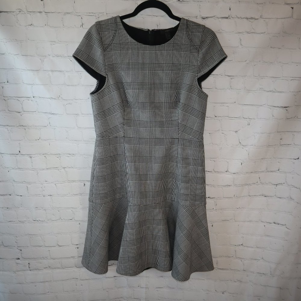 J. Crew Black/White Glen Cap Sleeve Houndstooth Plaid Midi Dress Women's Sz 8 - Picture 3 of 10